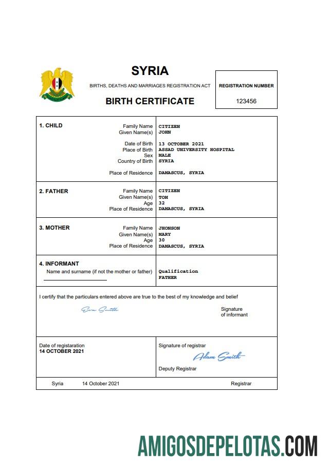 Realista modelo Word e PDF de certidão de nascimento da Síria